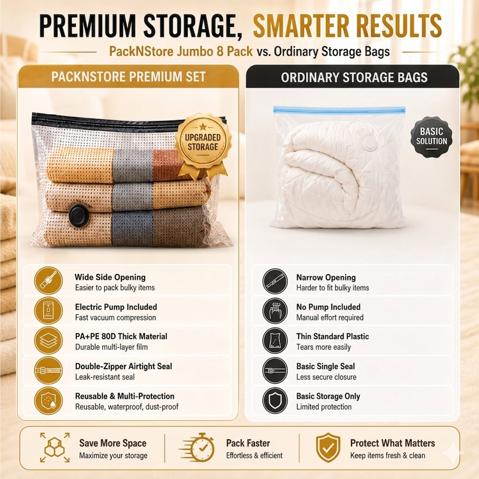 Vacuum Storage Bags Jumbo XXXL 8 Pack (37.5×49.2 In) with Electric Pump, Thick Space Saver Bags, Double Zipper Airtight Seal, Reusable Vacuum Compression Bags for Clothes, Bedding, Comforters Pillows