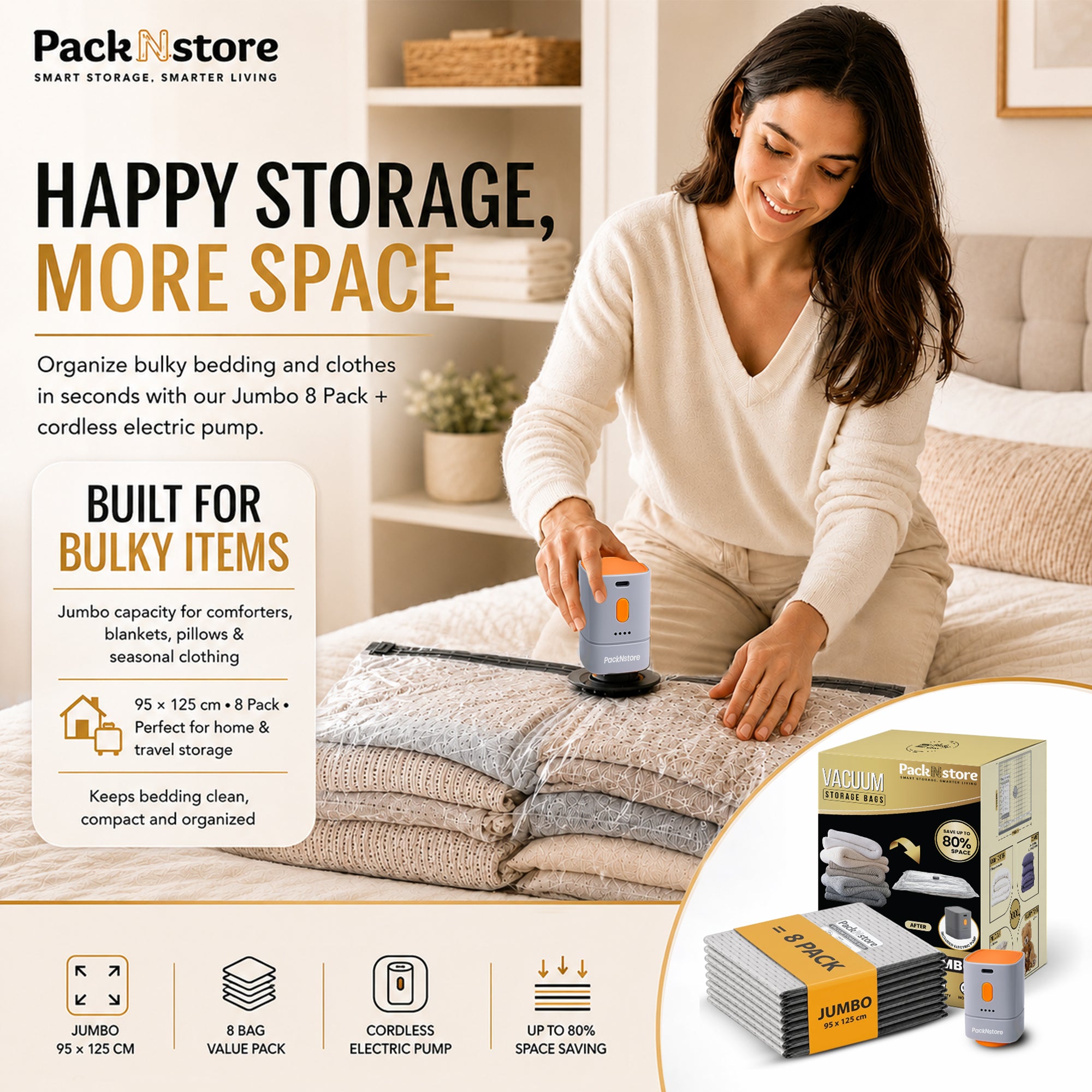 Vacuum Storage Bags Jumbo XXXL 8 Pack (37.5×49.2 In) with Electric Pump, Thick Space Saver Bags, Double Zipper Airtight Seal, Reusable Vacuum Compression Bags for Clothes, Bedding, Comforters Pillows