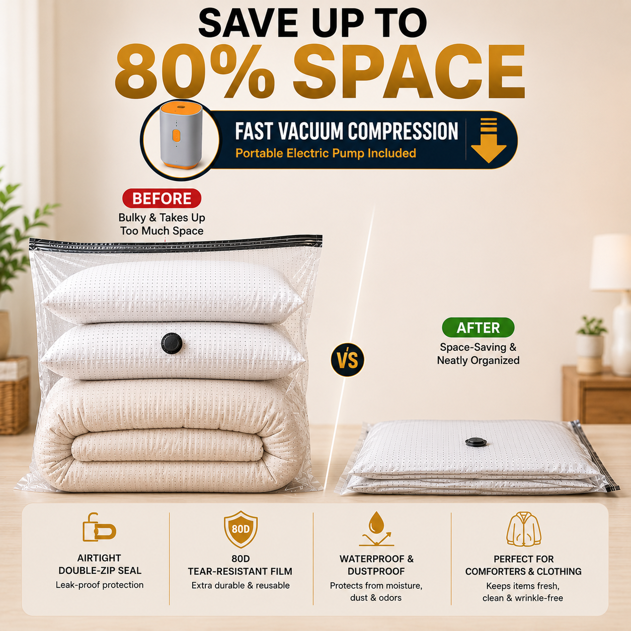 Vacuum Storage Bags Jumbo XXXL 8 Pack (37.5×49.2 In) with Electric Pump, Thick Space Saver Bags, Double Zipper Airtight Seal, Reusable Vacuum Compression Bags for Clothes, Bedding, Comforters Pillows